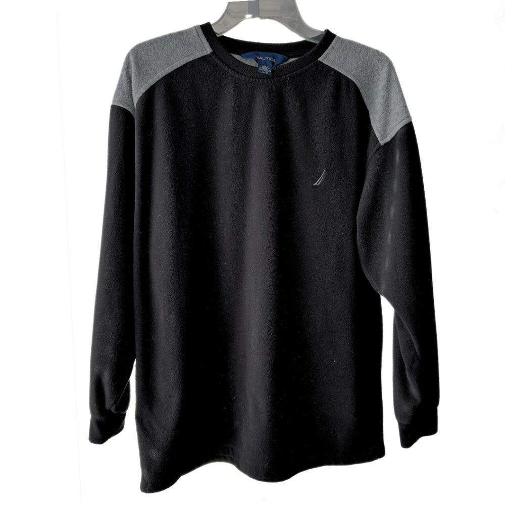 Nautica Pullover Fleece Crew Neck Black Gray Long Sleeve Sweater Men’s Sz L - Picture 2 of 8